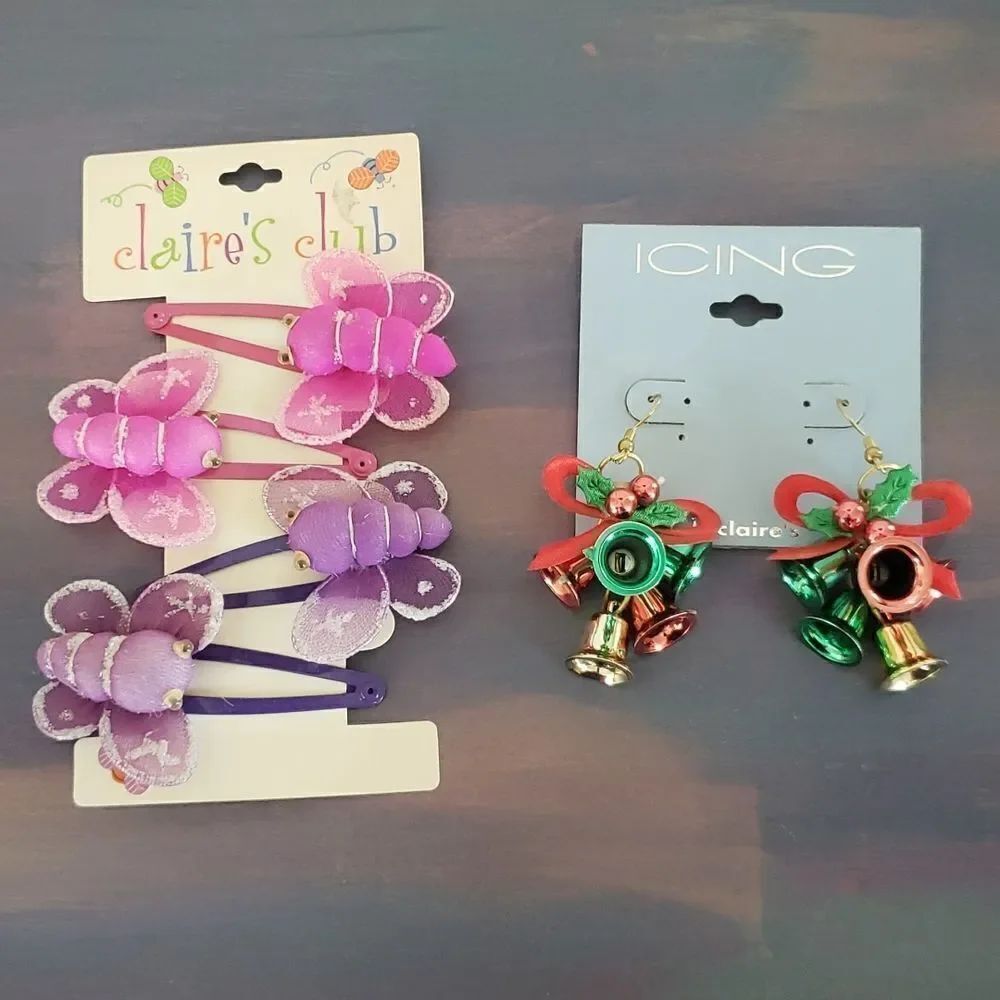 NWT Lot of Cute Butterfly Hair Barettes and Christmas Bell Pierced Wire Earrings